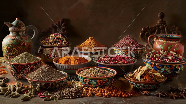 Popular traditional markets for selling spices and aromatics, a view displaying colorful and varied spices, natural flavorings and dyes for foods and foods, plants with health and therapeutic benefits, local Saudi national agricultural products and crops