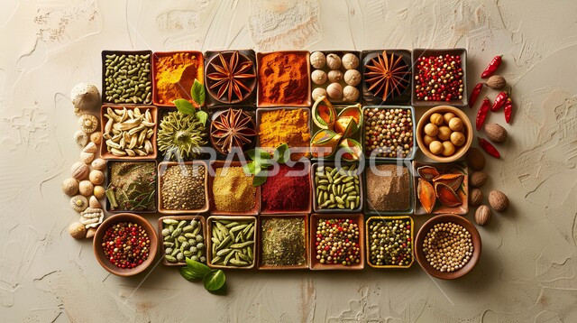 Distinctive presentation methods for spices and aromatics, a view of displaying colorful and diverse spices, natural flavorings and colorings for foods and foods, plants with health and therapeutic benefits, local Saudi national agricultural products and crops