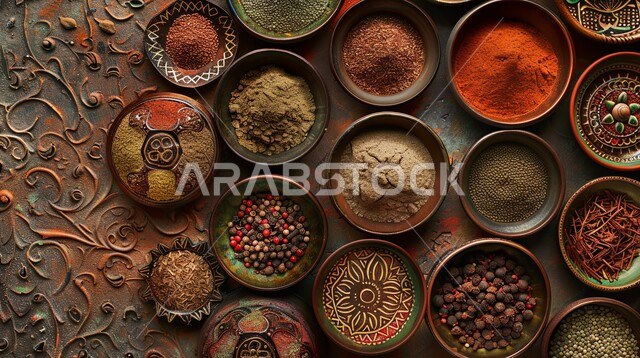 Distinctive presentation methods for spices and aromatics, a view of displaying colorful and diverse spices, natural flavorings and colorings for foods and foods, plants with health and therapeutic benefits, local Saudi national agricultural products and crops