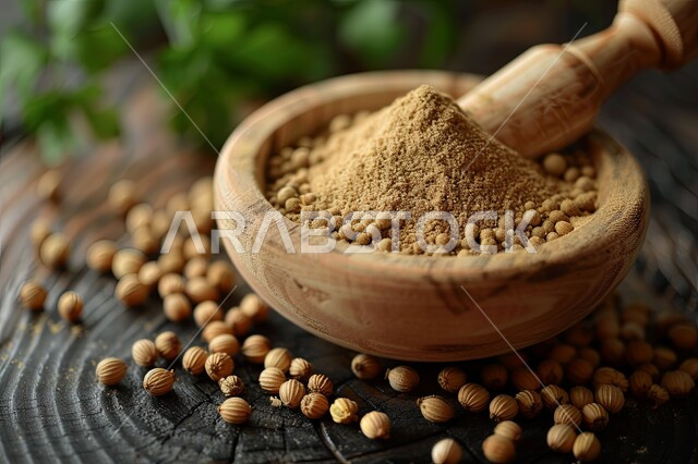 مفهوم طحن التوابل، منتجات وطنية محلية، صورة مقربة لبذور الكزبرة المطحونة في الهاون مع المدقة الخشبية وعروق الكزبرة الخضراء الطازجة، طرق تقديم متميزة، محاصيل عربية في المملكة العربية السعودية