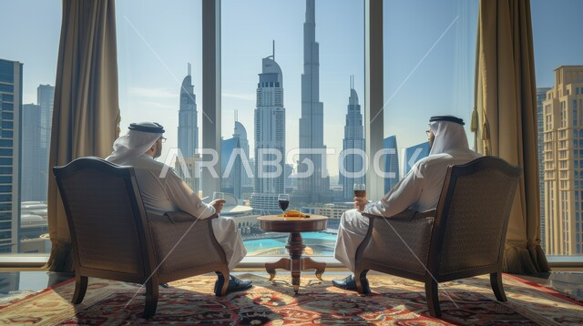 نوافذ وواجهات زجاجية مطلة على الأبراج، رجلان عربيان خليجيان سعوديان يرتديان الزي التقليدي يجلسان على كراسي فخمة في إحدى الفنادق، أماكن سياحية ترفيهية في المملكة العربية السعودية