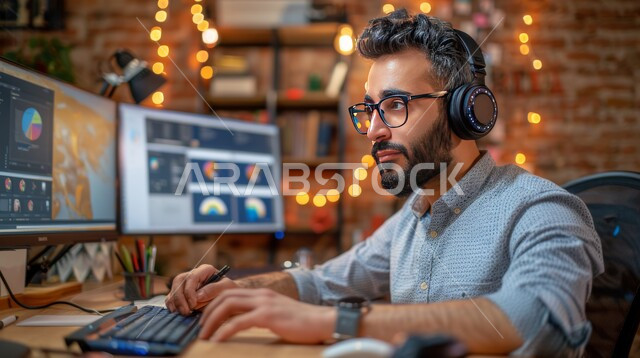 استخدام التقنيات الحديثة والمتطورة بالأعمال المكتبية، تنظيم وإدارة شؤون العمل، الرد على الاستعلامات والاستفسارات وخدمة العملاء، مهن ووظائف إدارية سعودية، صورة مقربة لموظف عربي خليجي سعودي يجلس في مكتب أمام الحاسوب المحمول