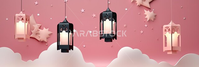 Distinctive antiques and accessories to celebrate the coming of the month of goodness, metal lamps in the spiritual Ramadan atmosphere, a panoramic image of a group of colorful traditional Arabic lanterns, decorations for the holy month of Ramadan, a pink background.