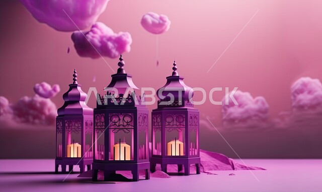 Distinctive accessories and antiques to celebrate the coming of the month of goodness, decorations for the holy month of Ramadan, metal lamps in the spiritual Ramadan atmosphere, a group of colorful traditional Arabic lanterns, a pink background.