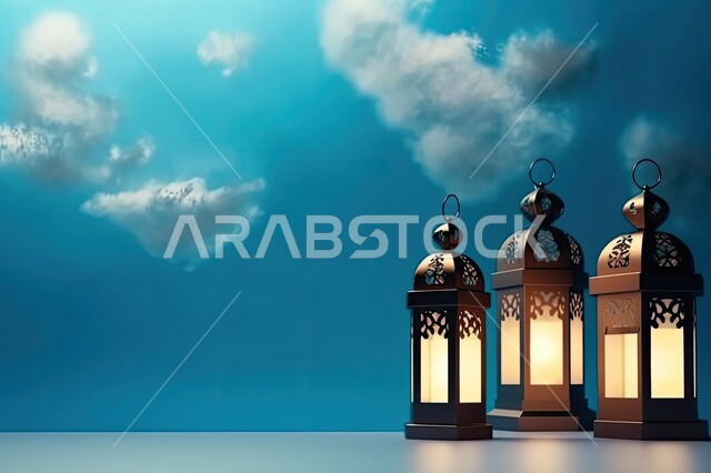 اكسسوارات و تحف مميزة للاحتفال بقدوم شهر الخير، مجموعة من الفوانيس العربية التقليدية المزخرفة ،زينة شهر رمضان المبارك، المصابيح المعدنية في الأجواء الرمضانية الروحانية، خلفية زرقاء مع الغيوم البيضاء