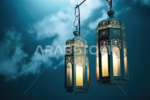 المصابيح المعدنية في الأجواء الرمضانية الروحانية، أنوار و زينة شهر رمضان المبارك ,صورة مقربة لمجموعة من الفوانيس العربية التقليدية المضيئة المعلقة ،تحف و اكسسوارات مميزة للاحتفال بقدوم شهر الخير، خلفية السماء مع الغيوم البيضاء