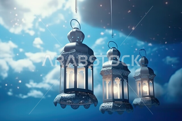 أنوار و زينة شهر رمضان المبارك ,صورة مقربة لمجموعة من الفوانيس العربية التقليدية المضيئة المعلقة ،تحف و اكسسوارات مميزة للاحتفال بقدوم شهر الخير، المصابيح المعدنية في الأجواء الرمضانية الروحانية، خلفية السماء مع الغيوم البيضاء
