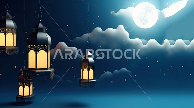 فانوس عربي تقليدي مضيء و معلق ،تحف و اكسسوارات مميزة للاحتفال بقدوم شهر الخير، المصابيح المعدنية في الأجواء الرمضانية الروحانية، زينة و أنوار شهر رمضان المبارك، خلفية السماء مع الغيوم البيضاء والقمر