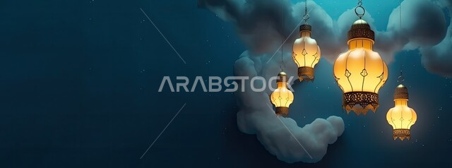 زينة و أنوار شهر رمضان المبارك، تحف و اكسسوارات مميزة للاحتفال بقدوم شهر الخير، صورة بانورامية للمصابيح المعدنية في الأجواء الرمضانية الروحانية، فانوس عربي تقليدي مضيء و معلق ،خلفية السماء مع الغيوم البيضاء