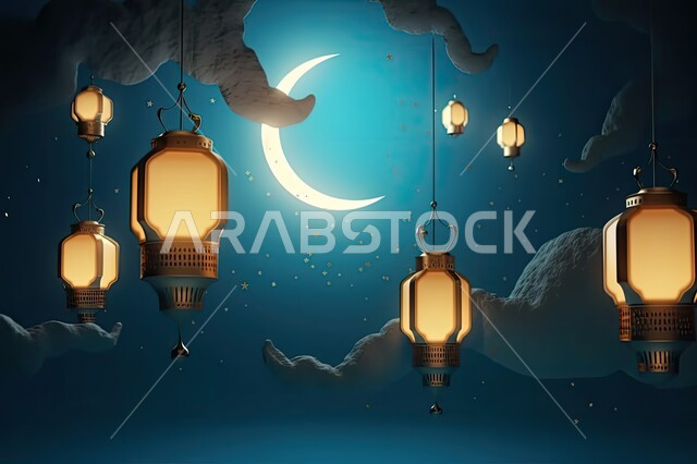 تحف و اكسسوارات مميزة للاحتفال بقدوم شهر الخير، المصابيح المعدنية في الأجواء الرمضانية الروحانية، فانوس عربي تقليدي مضيء و معلق ،زينة و أنوار شهر رمضان المبارك، خلفية السماء مع الغيوم البيضاء والهلال