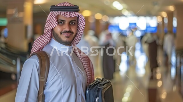 النظر إلى الكاميرا بإيماءات الرضا والسرور، صورة مقربة لشاب عربي خليجي سعودي مبتسم يرتدي الشماغ والثوب التقليدي يقف في  المطار، الاهتمام بالأناقة والمظهر الخارجي