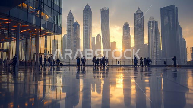 الفن الهندسي المعماري للأبراج وناطحات السحاب في المملكة العربية السعودية، صورة ظلية للأبنية الحديثة والمتطورة في وقت الغروب، تجمع الناس في شرفة إحدى العمارات