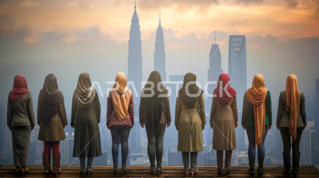 الوقوف أمام ناطحات السحاب في المملكة العربية السعودية، صورة من الخلف لمجموعة من النساء العربيات الخليجيات السعوديات يقفون في مكان مرتفع لمشاهدة الأبنية الحديثة، منظر السماء المليئة بالغيوم والسحب