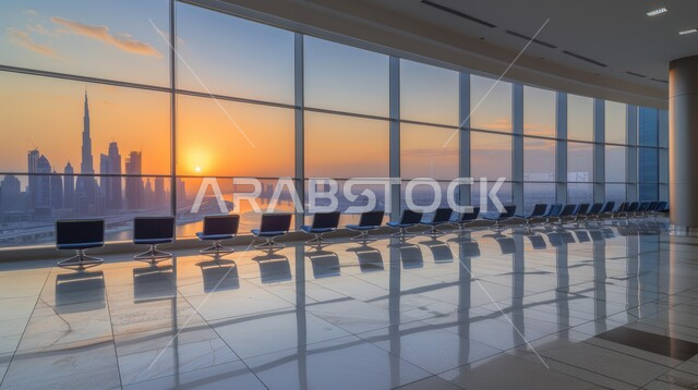 A group of chairs in front of a glass window in one of the tall towers overlooking a panoramic view of the city of Dubai, the concept of rest and relaxation, spending an enjoyable and quiet time contemplating the sunset in the United Arab Emirates