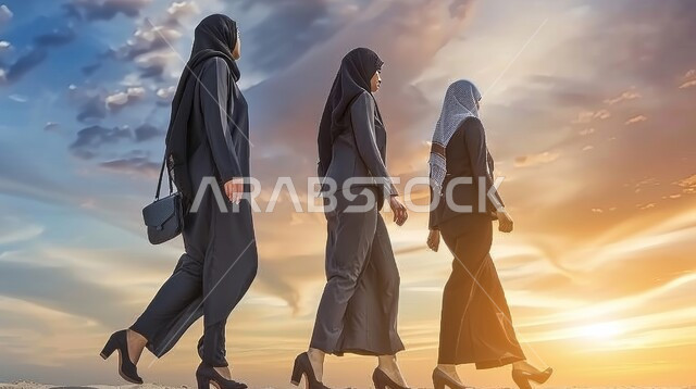 A group of Saudi Gulf Arab women walking and going somewhere, taking care of the hijab and Islamic dress, taking care of their external appearance, the role of Saudi women in society