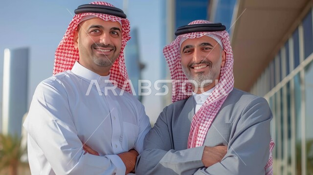 رجلان عربيان خليجيان سعوديان يقفان بأيدي مكتوفة، النظر إلى الكاميرا بإيماءات الرضا والسرور، إبرام اتفاقيات العمل الناجحة، التطلع إلى مستقبل مشرق