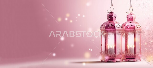 ديكورات وزينة رمضان المبارك, صورة بانورامية للفوانيس المعدنية التقليدية المضاءة، أجواء الروحانية والاحتفال بالمناسبات والأعياد الدينية الاسلامية، البهجة بقدوم شهر الخير، خلفية وردية