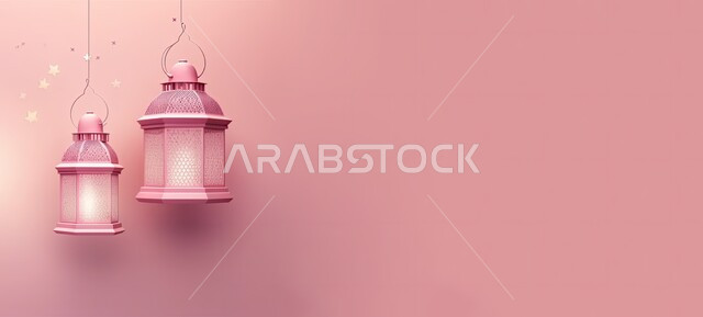 ديكورات وزينة رمضان المبارك, صورة بانورامية للفوانيس المعدنية التقليدية المضاءة، أجواء الروحانية والاحتفال بالمناسبات والأعياد الدينية الاسلامية، البهجة بقدوم شهر الخير، خلفية وردية