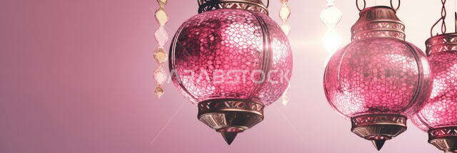 ديكورات وزينة رمضان المبارك, صورة بانورامية للفوانيس المعدنية التقليدية المضاءة، أجواء الروحانية والاحتفال بالمناسبات والأعياد الدينية الاسلامية، البهجة بقدوم شهر الخير، خلفية وردية