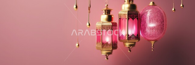 ديكورات وزينة رمضان المبارك, صورة بانورامية للفوانيس المعدنية التقليدية المضاءة، أجواء الروحانية والاحتفال بالمناسبات والأعياد الدينية الاسلامية، البهجة بقدوم شهر الخير، خلفية وردية
