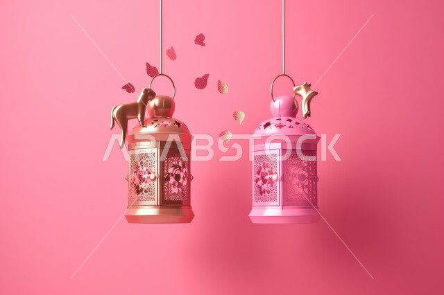 الفوانيس المعدنية التقليدية المضاءة، ديكورات وزينة رمضان المبارك, أجواء الروحانية والاحتفال بالمناسبات والأعياد الدينية الاسلامية، البهجة بقدوم شهر الخير، خلفية وردية