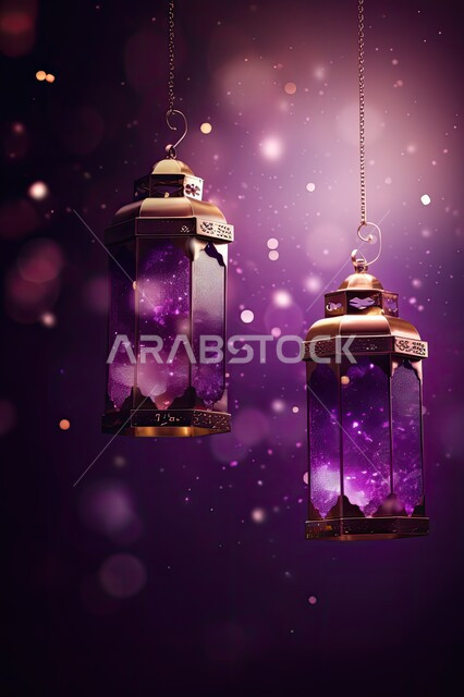 ديكورات وزينة رمضان المبارك, الفوانيس المعدنية التقليدية المعلقة المضاءة، أجواء الروحانية والاحتفال بالمناسبات والأعياد الدينية الاسلامية، البهجة بقدوم شهر الخير، خلفية بنفسجية