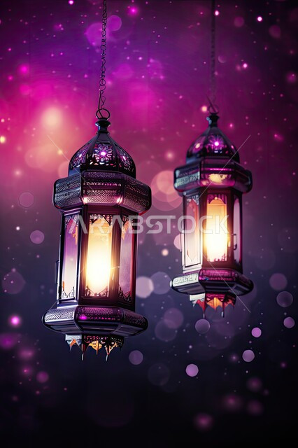 ديكورات وزينة رمضان المبارك, الفوانيس المعدنية التقليدية المعلقة المضاءة، أجواء الروحانية والاحتفال بالمناسبات والأعياد الدينية الاسلامية، البهجة بقدوم شهر الخير، خلفية بنفسجية