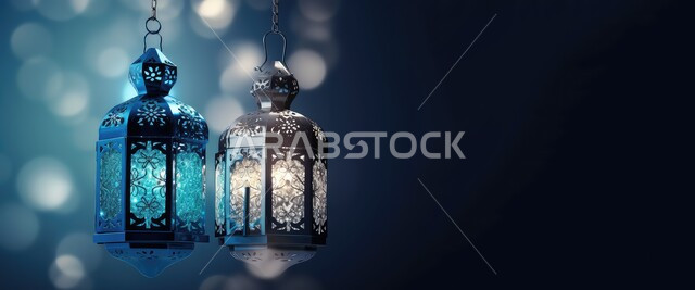 زينة وديكورات رمضان المبارك, صورة بانورامية للفوانيس المعدنية التقليدية المعلقة المضاءة، أجواء الروحانية والاحتفال بالمناسبات والأعياد الدينية الاسلامية، البهجة بقدوم شهر الخير، خلفية زرقاء