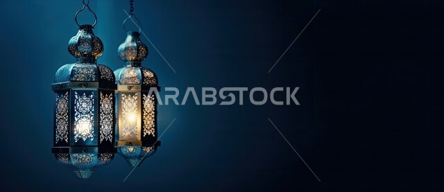 زينة وديكورات رمضان المبارك, صورة بانورامية للفوانيس المعدنية التقليدية المعلقة المضاءة، أجواء الروحانية والاحتفال بالمناسبات والأعياد الدينية الاسلامية، البهجة بقدوم شهر الخير، خلفية زرقاء