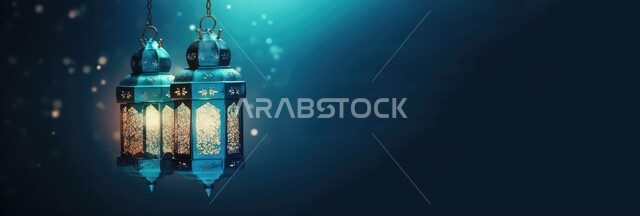 Decorations and decorations for the blessed Ramadan, a panoramic image of the traditional hanging lit metal lanterns, the atmosphere of spirituality and celebration of Islamic religious events and holidays, the joy of the arrival of the month of goodness, a blue background