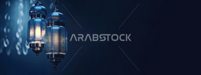 Decorations and decorations for the blessed Ramadan, a panoramic image of the traditional hanging lit metal lanterns, the atmosphere of spirituality and celebration of Islamic religious events and holidays, the joy of the arrival of the month of goodness, a blue background
