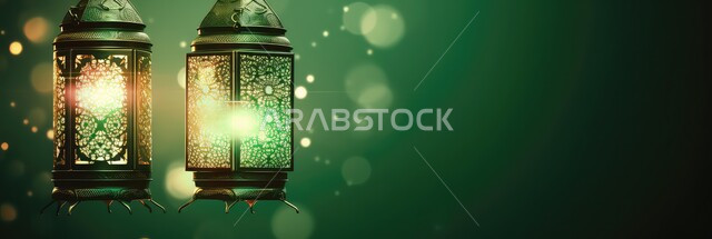 أجواء الروحانية والاحتفال بالمناسبات والأعياد الدينية الاسلامية، زينة وديكورات رمضان المبارك, صورة بانورامية للفوانيس المعدنية التقليدية المعلقة المضاءة، البهجة بقدوم شهر الخير، خلفية خضراء