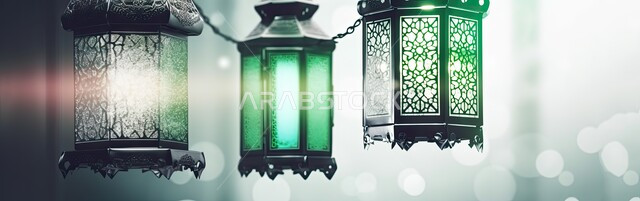 أجواء الروحانية والاحتفال بالمناسبات والأعياد الدينية الاسلامية، زينة وديكورات رمضان المبارك, صورة بانورامية للفوانيس المعدنية التقليدية المعلقة المضاءة خضراء اللون، البهجة بقدوم شهر الخير، خلفية ضبابية