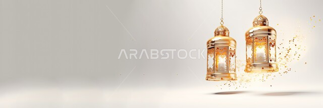 البهجة بقدوم شهر الخير، أجواء الروحانية والاحتفال بالمناسبات والأعياد الدينية الاسلامية، زينة وديكورات رمضان المبارك, صورة بانورامية للفوانيس المعدنية التقليدية المعلقة المضاءة ذهبية اللون، خلفية بيضاء