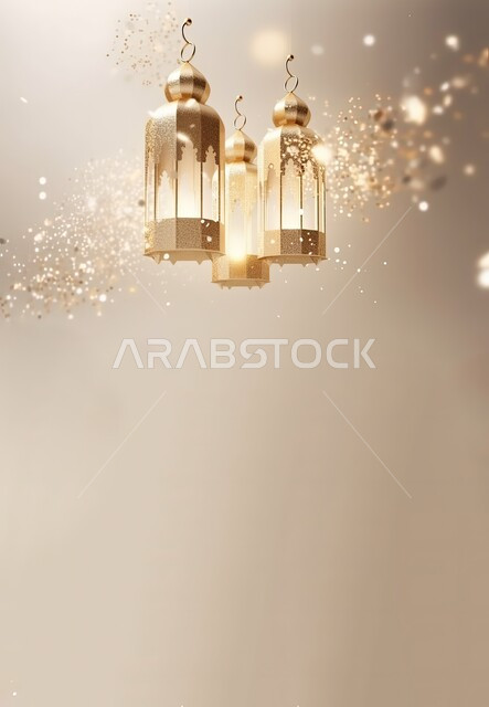 البهجة بقدوم شهر الخير، أجواء الروحانية والاحتفال بالمناسبات والأعياد الدينية الاسلامية، زينة وديكورات رمضان المبارك, الفوانيس المعدنية التقليدية المعلقة المضاءة ذهبية اللون، خلفية بيضاء