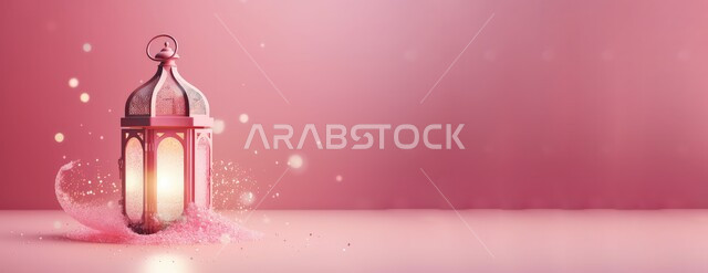 فانوس معدني تقليدي مضيء، الاحتفال بالمناسبات والأعياد الدينية الاسلامية، الأجواء الروحانية المتميزة، البهجة بقدوم شهر الخير، زينة وديكورات رمضان المبارك, خلفية وردية