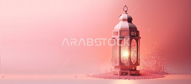 فانوس معدني تقليدي مضيء، الاحتفال بالمناسبات والأعياد الدينية الاسلامية، الأجواء الروحانية المتميزة، البهجة بقدوم شهر الخير، زينة وديكورات رمضان المبارك, خلفية وردية