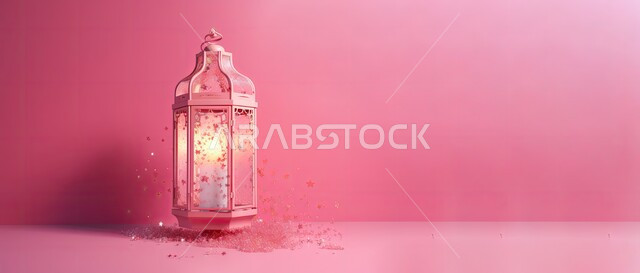 Luminous traditional metal lantern, celebration of Islamic religious occasions and holidays, distinct spiritual atmosphere, joy at the arrival of the month of goodness, decorations for the blessed Ramadan, pink background