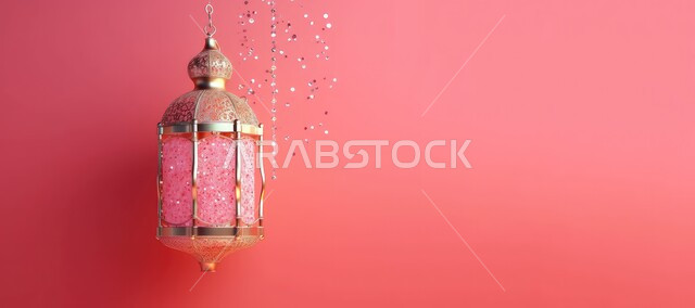 Decorations and decorations for the blessed Ramadan, a panoramic image of a traditional hanging, illuminated metal lantern, celebration of Islamic religious occasions and holidays, a distinct spiritual atmosphere, the joy of the arrival of the month of goodness, a pink background