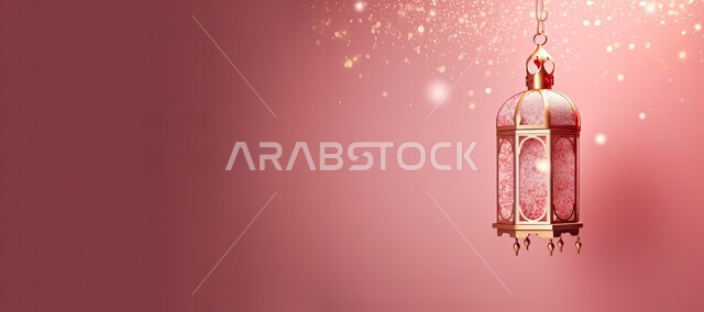 زينة وديكورات رمضان المبارك, صورة بانورامية لفانوس معدني تقليدي معلق مضيء، الاحتفال بالمناسبات والأعياد الدينية الاسلامية، الأجواء الروحانية المتميزة، البهجة بقدوم شهر الخير، خلفية وردية