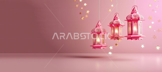 زينة وديكورات رمضان المبارك, صورة بانورامية للفوانيس المعدنية التقليدية المعلقة المضيئة، الاحتفال بالمناسبات والأعياد الدينية الاسلامية، الأجواء الروحانية المتميزة، البهجة بقدوم شهر الخير، خلفية وردية