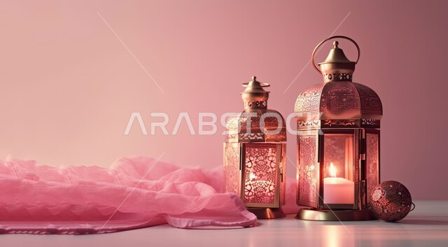 الفوانيس المعدنية التقليدية المضيئة مع قماش ملون، زينة وديكورات رمضان المبارك, الاحتفال بالمناسبات والأعياد الدينية الاسلامية، الأجواء الروحانية المتميزة، البهجة بقدوم شهر الخير، خلفية وردية
