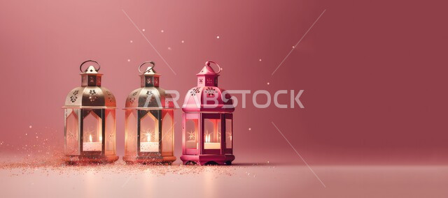 الأجواء الروحانية المتميزة، صورة بانورامية للفوانيس المعدنية التقليدية المضيئة، زينة وديكورات رمضان المبارك, الاحتفال بالمناسبات والأعياد الدينية الاسلامية، البهجة بقدوم شهر الخير، خلفية وردية