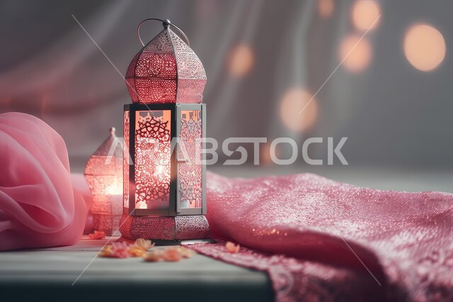 الفوانيس المعدنية التقليدية المضيئة مع قماش ملون، زينة وديكورات رمضان المبارك, الاحتفال بالمناسبات والأعياد الدينية الاسلامية، الأجواء الروحانية المتميزة، البهجة بقدوم شهر الخير