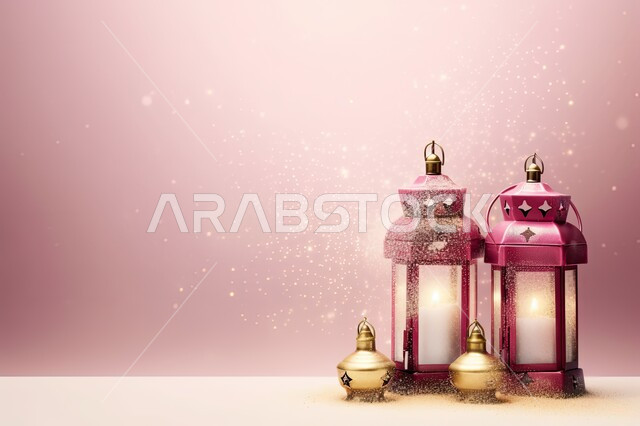 The distinct spiritual atmosphere, illuminated traditional metal lanterns, adornments and decorations for the blessed Ramadan, celebration of Islamic religious occasions and holidays, the joy of the arrival of the month of goodness, a pink background