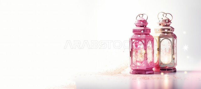 الأجواء الروحانية المتميزة، صورة بانورامية للفوانيس المعدنية التقليدية المضيئة، زينة وديكورات رمضان المبارك, الاحتفال بالمناسبات والأعياد الدينية الاسلامية، البهجة بقدوم شهر الخير، خلفية بيضاء