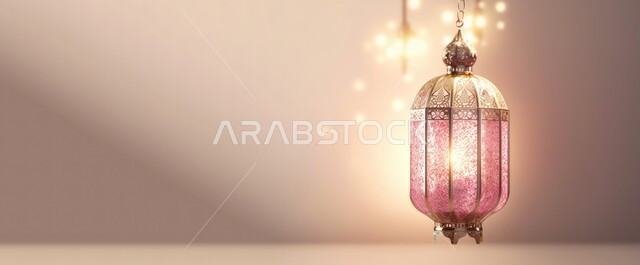 الأجواء الروحانية المتميزة، صورة بانورامية لفانوس معدني تقليدي مضيء، زينة وديكورات رمضان المبارك, الاحتفال بالمناسبات والأعياد الدينية الاسلامية، البهجة بقدوم شهر الخير، خلفية ملونة
