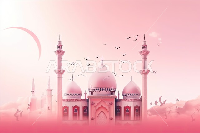 تصاميم متميزة للمساجد, مجسم ثلاثي الابعاد لمسجد وقبب ومآذن، الاحتفال بالاعياد والمناسبات الدينية، زينة وديكورات رمضان المبارك, البهجة بقدوم شهر الخير، خلفية ملونة