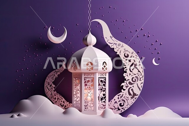 الفوانيس المعدنية التقليدية المضاءة، السرور و البهجة بقدوم شهر الخير، أجواء الروحانية والاحتفال بالمناسبات والأعياد الدينية الاسلامية، زينة وديكورات رمضان المبارك, خلفية بنفسجية