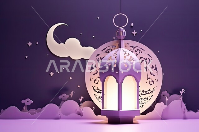 الفوانيس المعدنية التقليدية المضاءة، السرور و البهجة بقدوم شهر الخير، أجواء الروحانية والاحتفال بالمناسبات والأعياد الدينية الاسلامية، زينة وديكورات رمضان المبارك, خلفية بنفسجية